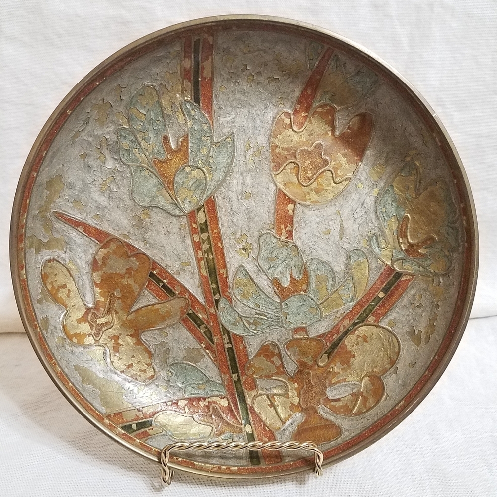 Flower Relief Enameled Studio Art Brass Bowl
